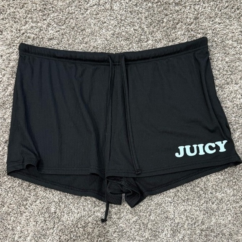 Juicy Couture Black Ribbed Knit Sleep Shorts Logo Drawstring Pajama Bottoms M